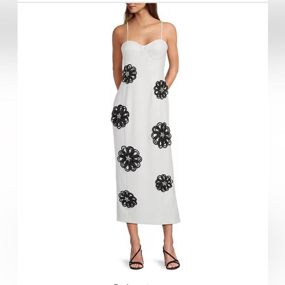 ANTONIO MELANI White Midi Dress with Black Floral Appliqués